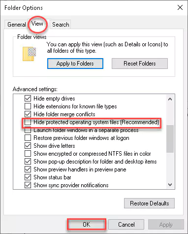 گزینه hide protected operating system files (recommended)