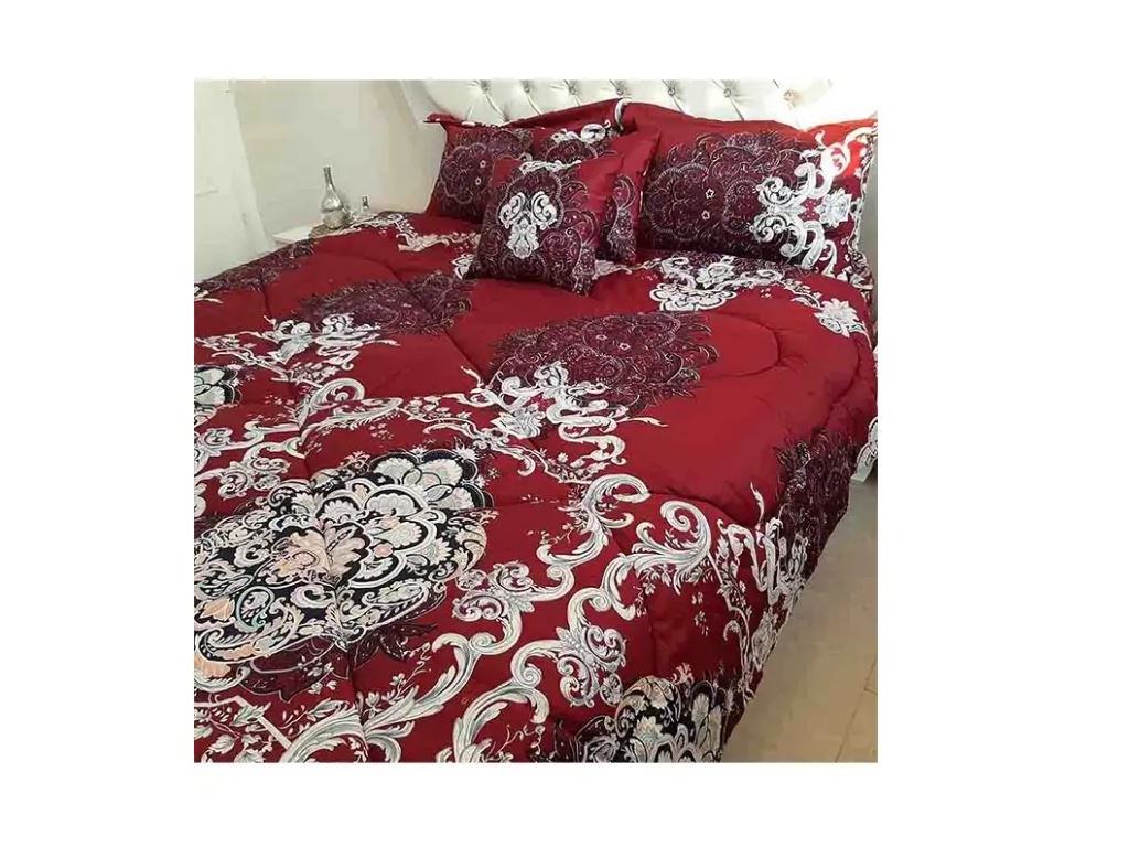 نمایی از سرویس لحاف دو نفره 6 تکه طرح مانالیا زرشکی قرمز کویین مانیکا هوم