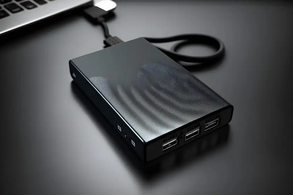 2 TB external hard drive port - معرفی بهترین هارد اکسترنال 2 ترابایت در سال 1402 پورت های جانبی یک هارد اکسترنال روی میز مشکی رنگ بر روی میز طوسی