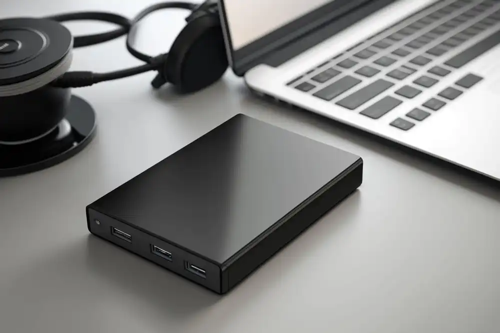 Tips for choosing the best 2 TB external hard drive - معرفی بهترین هارد اکسترنال 2 ترابایت در سال 1402 هارد اکسترنال مشکی در کنار لپ تاپ نقره ای رنگ با کیبورد مشکی بر روی میز طوسی