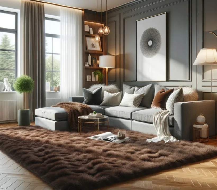 ست فرش قهوه ای و مبل طوسی