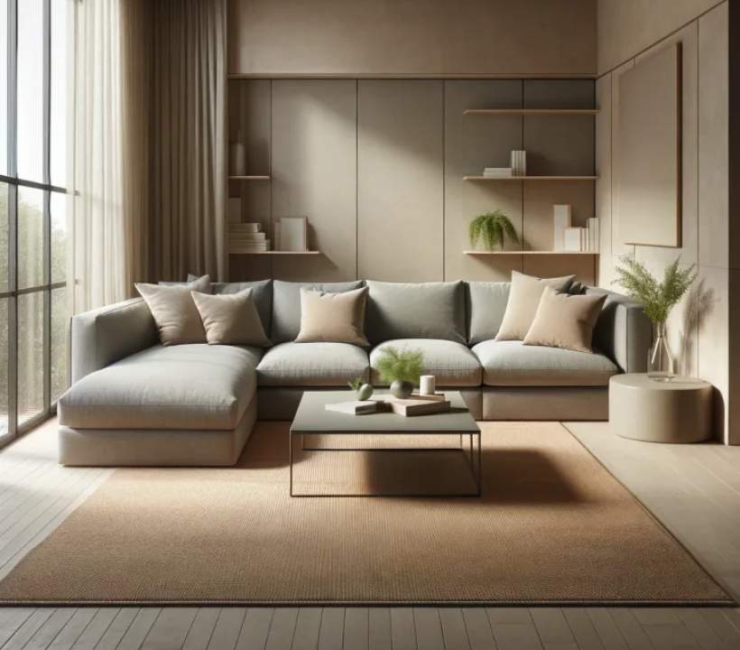فرش قهوه ای مایل به زرد و مبل طوسی