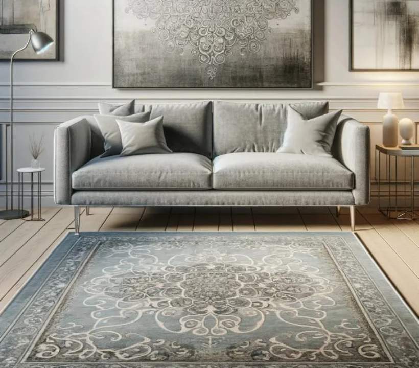 ست فرش آبی گرد و خاکی و مبل طوسی