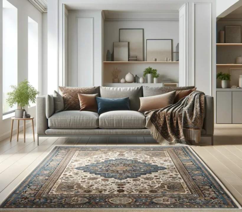 ترکیب فرش قهوه ای و مبل طوسی