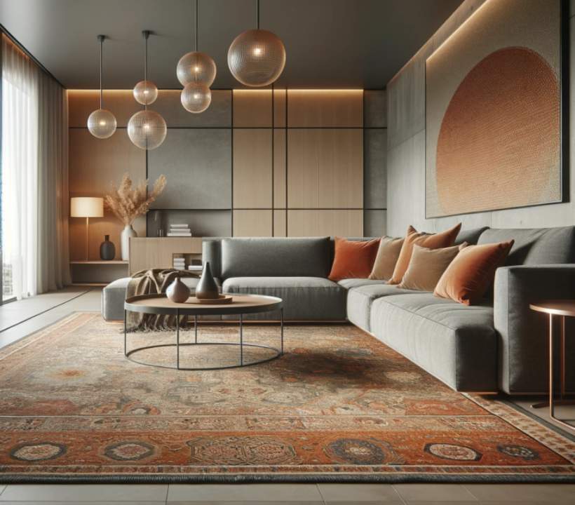 ست فرش آجری و مبل طوسی