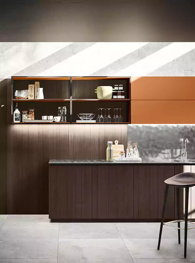 کابینت دو رنگ ترکیب قهوه ای و نارنجی