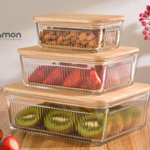 ظرف نگهدارنده مستطیل شیاردار درب چوبی لیمون کد 221159 بسته 3 عددی