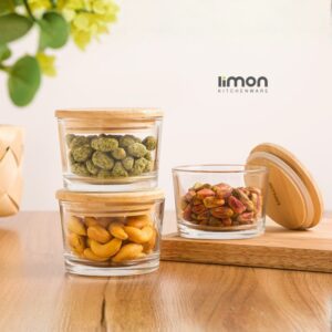 ظرف شیشه ای گرد ۱۹۰ میلی لیتری کادویی درب چوبی لیمون کد ۲۲۱۰۵۹ بسته ۳ عددی